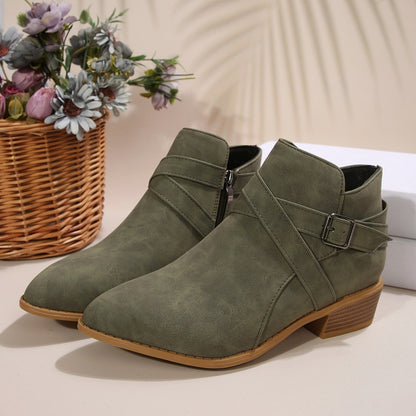 Fashionable Chunky-Heel Leather Belt-Clasp Side-Zip Ankle Boots