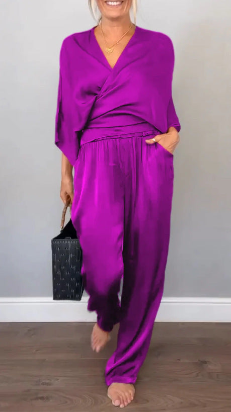 Solid Color Satin Short-sleeved Top Pants Suit Women