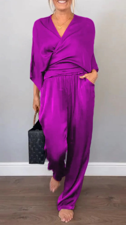 Solid Color Satin Short-sleeved Top Pants Suit Women