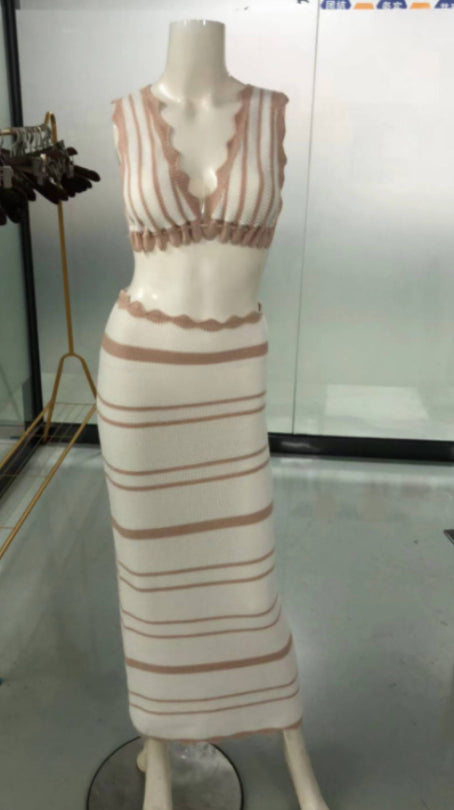 2pcs Striped Bikini Casual Vest Sling Top Suit Beach Summer Y2K Long Dress Suits For Women