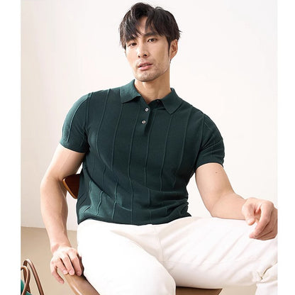 Summer New Short Sleeve Knitted Shirt Men Lapel Business Slim Vertical Stripe