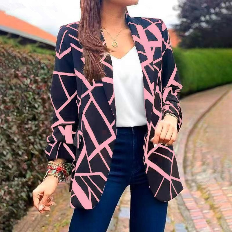 Women's Fashion Versatile Print Versatile Suit Collar Buttonless Blazer
