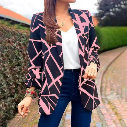 Women's Fashion Versatile Print Versatile Suit Collar Buttonless Blazer