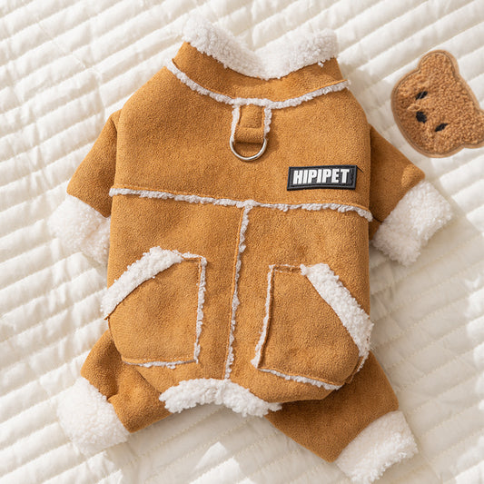 Hipipet Suede Pet Jumpsuit With Sherpa Lining, Warm 4-Leg Dog Coat With Leash Ring & Pockets For Winter