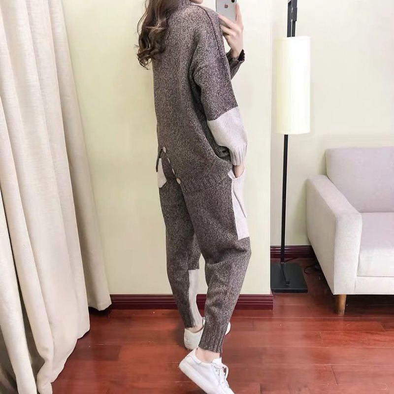 New Style Casual Suit Women Knitted Half Turtleneck Sweater Pants