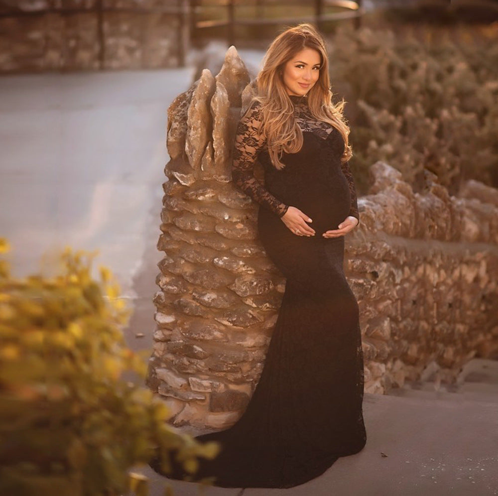 Women's Lace Maternity Round Neck Collar Trailing Long Dress