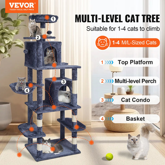 VEVOR Cat Tree Cat Tower With Cat Condos Sisal Scratching Post Dark Grey