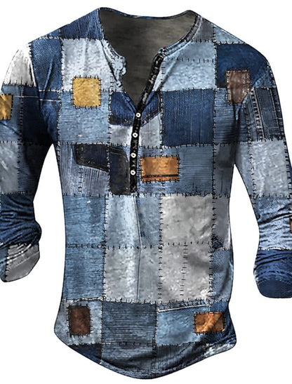 Open Placket Button Digital Printing Men's Long-sleeved T-shirt