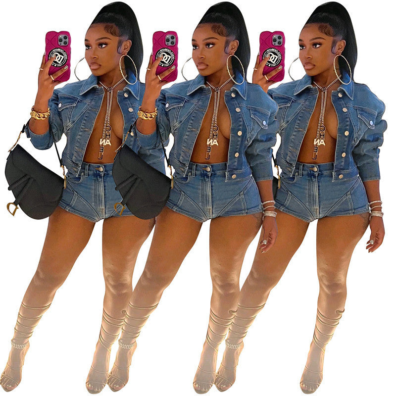 New Denim Casual Suit Fashion Stretch Shorts Denim Suit