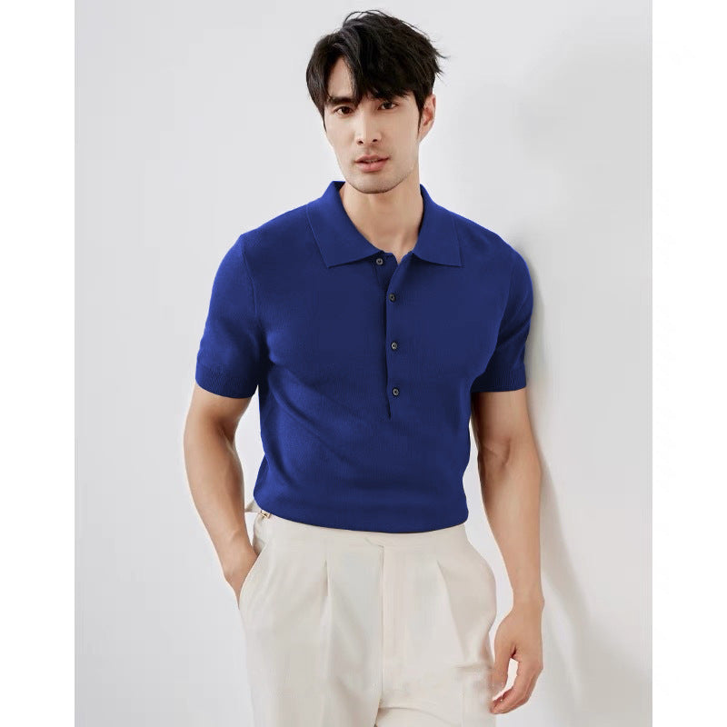 Light Luxury Solid Color Lapel Knitted Ice Silk Simple Short Sleeve