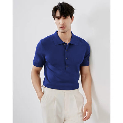 Light Luxury Solid Color Lapel Knitted Ice Silk Simple Short Sleeve
