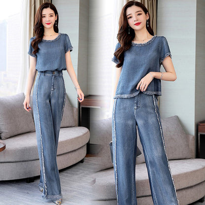 Fashion Slim Denim Wide Leg Pants Two-piece Women