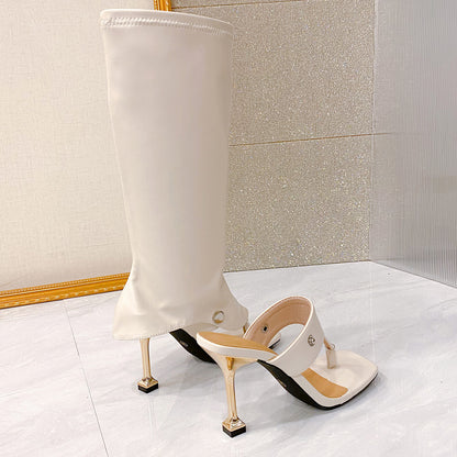 High-heel Thin-strap Toe-loop Square-toe Sandal Boots