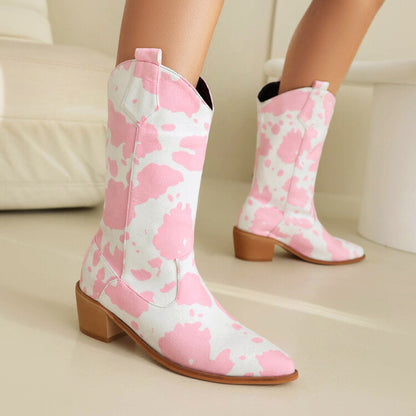 Women's Leather Boots With Cow Print Suede And Stylish