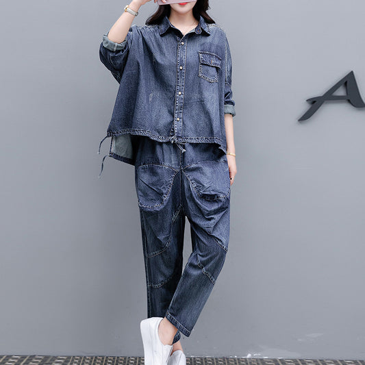 Loose Plus Size Distressed Denim Harem Pants Two-piece Women