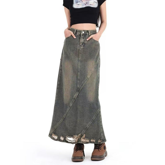 American Retro Make Old Ripped Denim Package Hip Skirt Women