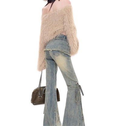 American Retro Layered Party Jeans For Women, Distressed Wash
