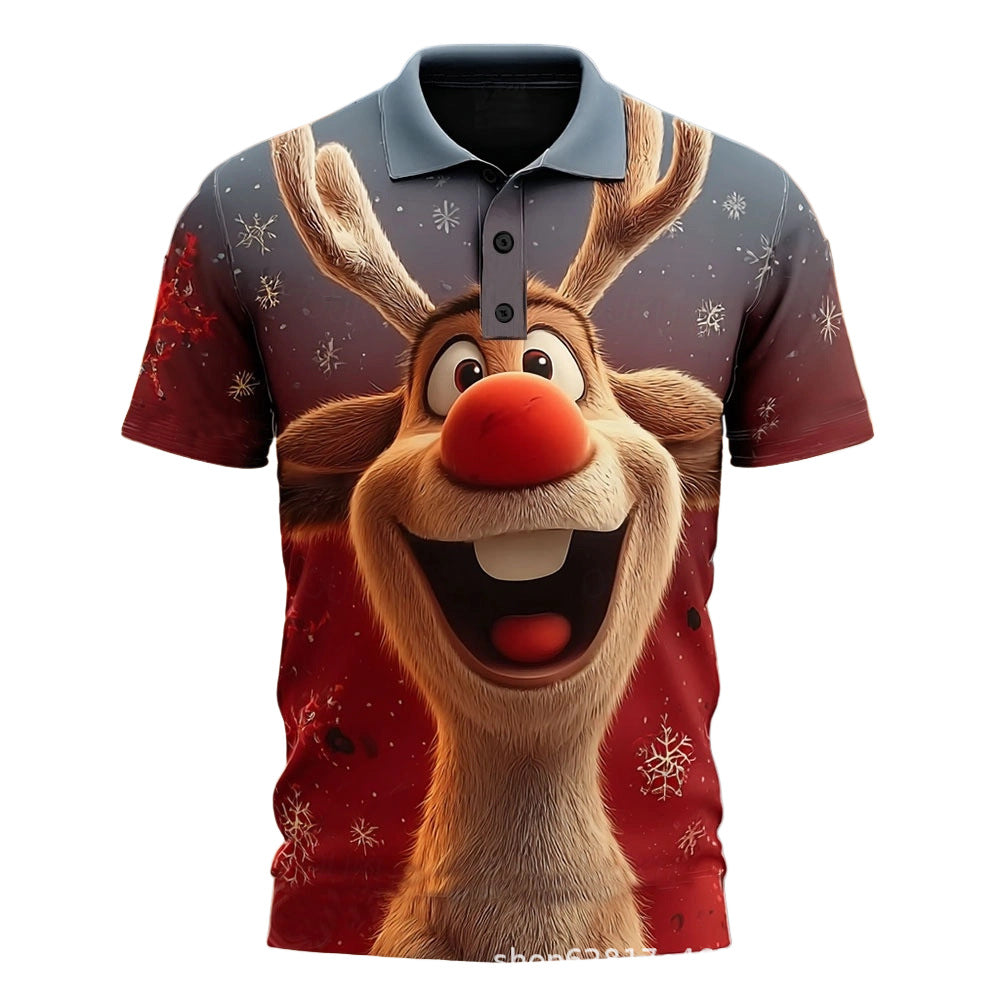 Men's 3D Digital Printing Christmas Santa Reindeer Polo Collar Short Sleeve