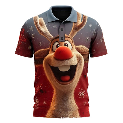 Men's 3D Digital Printing Christmas Santa Reindeer Polo Collar Short Sleeve