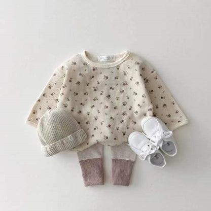 Infant And Toddler Cartoon Bear Floral Waffle Round Neck Top