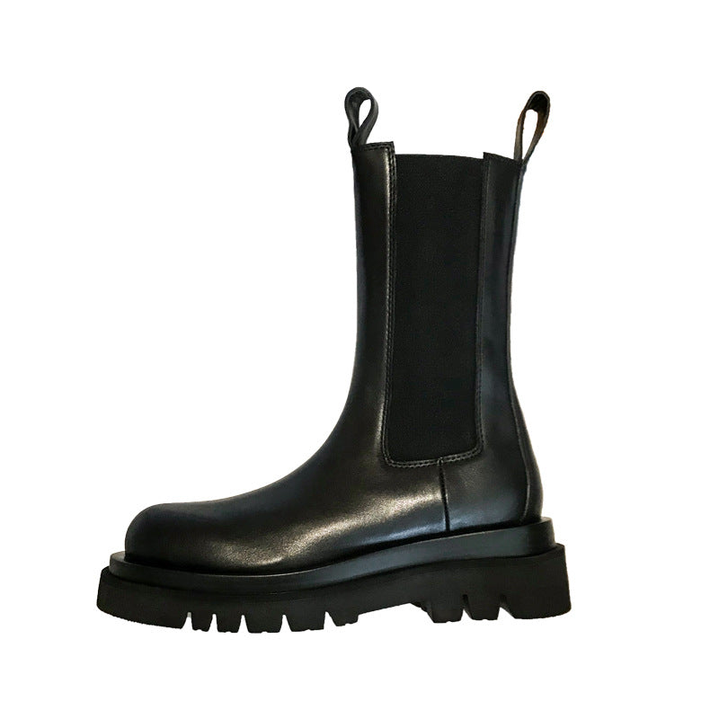 Mid-calf Thick-soled Women's Leather Boots In British Style