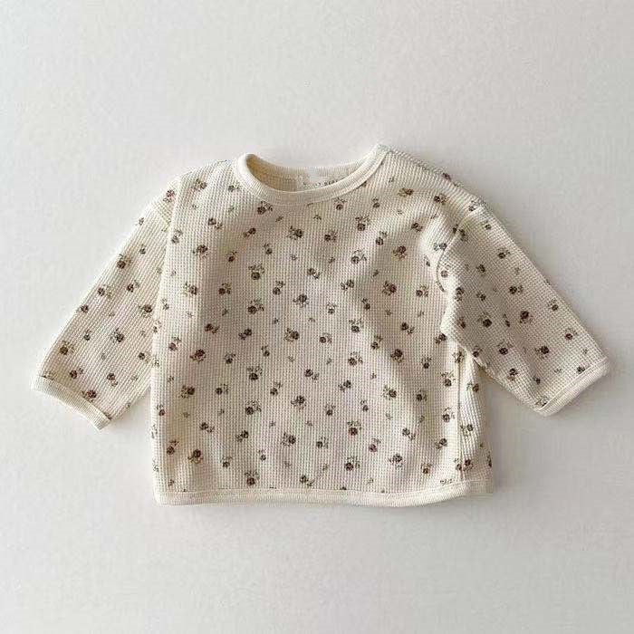 Infant And Toddler Cartoon Bear Floral Waffle Round Neck Top
