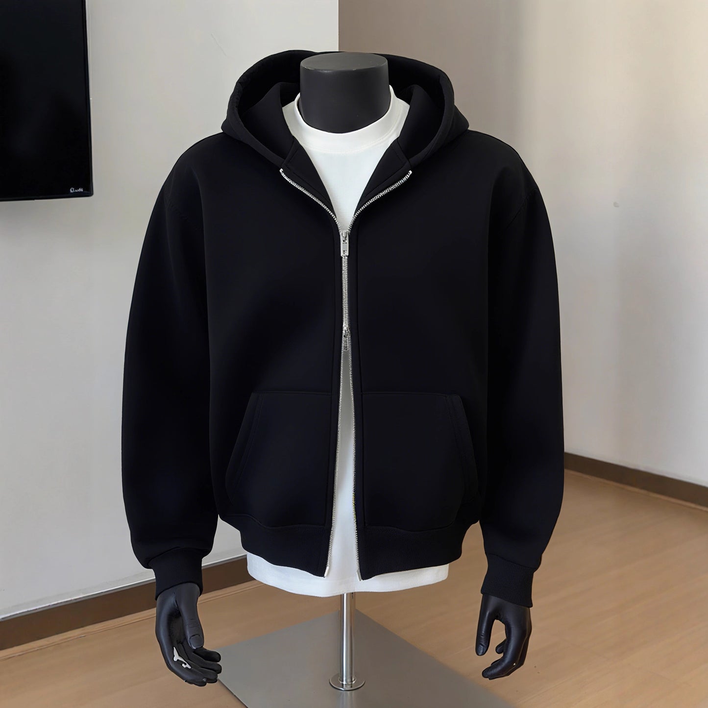 Mens Solid-Color Cardigan Hoodie With Double-Zipper Closure