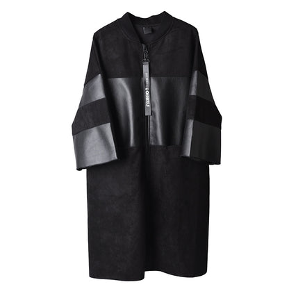 Dark PU Leather Trench Coat For Women Plump Girls Large Size Three Quarter Sleeve Mid-length Leather Coat