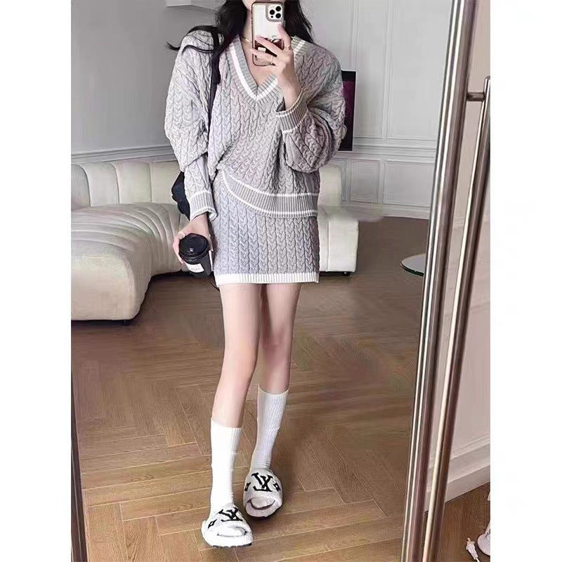 Autumn Winter Retro Contrast Color Hemp Pattern Sweater Skirt Two-piece Set For Women