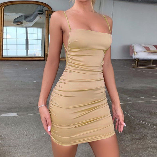 New Summefr Satin Spaghetti Strap Party Dress Women