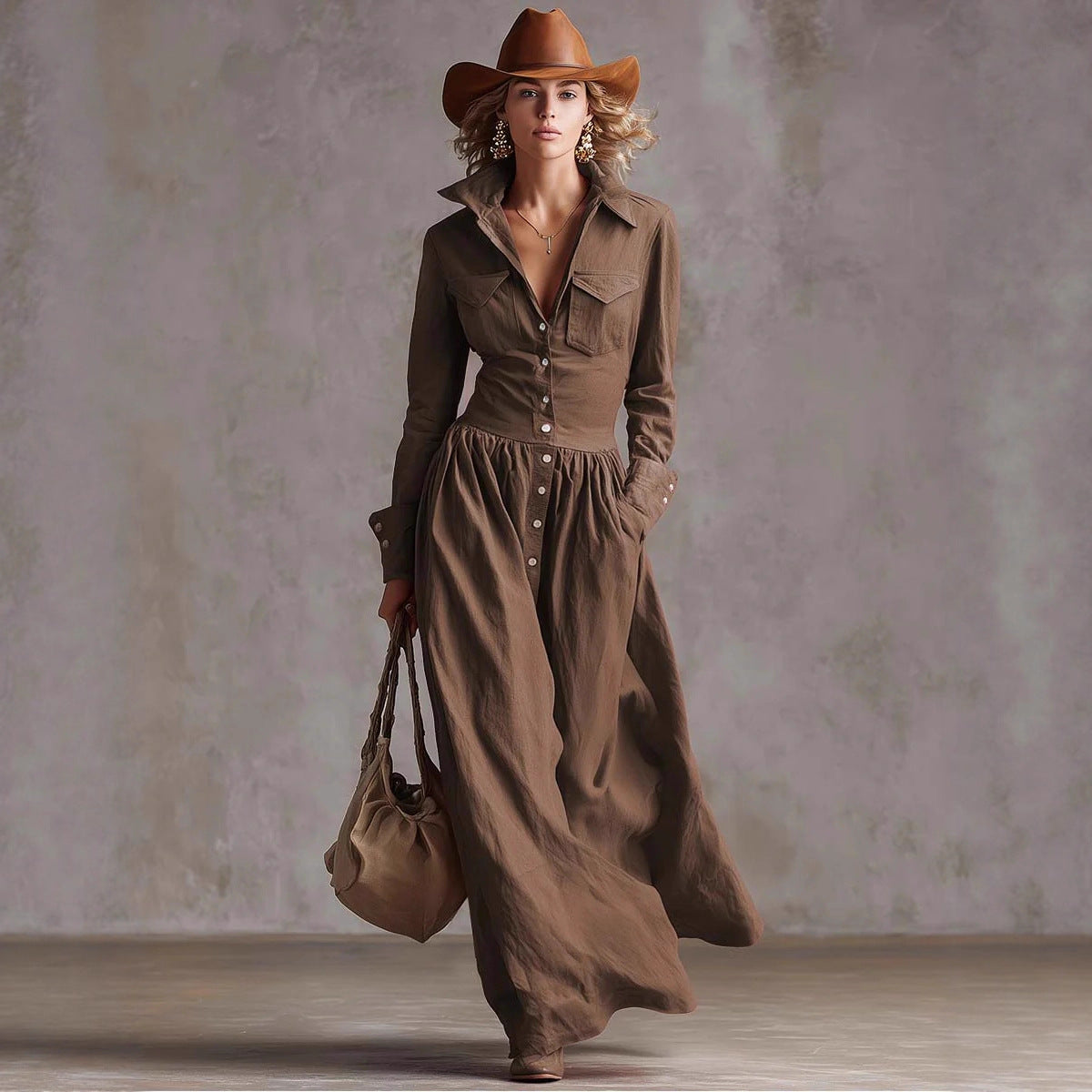 Retro Solid Color Long Dress For Women