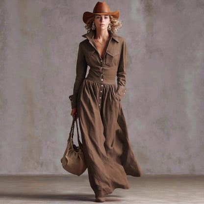 Retro Solid Color Long Dress For Women