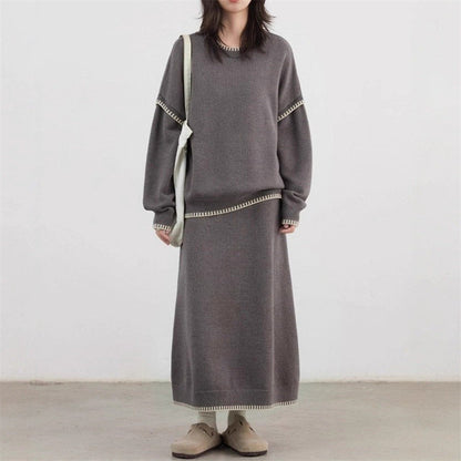 Color-contrasting Stripe Skirt Two-piece Set Idle Style Loose Pullover Sweater Set Women