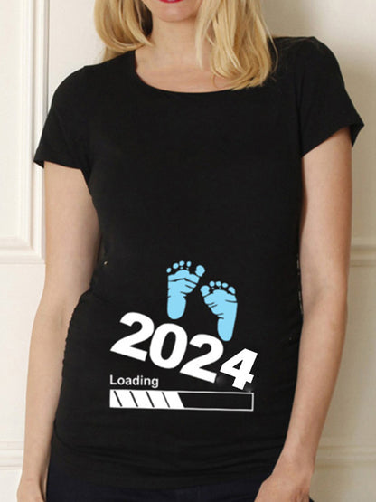 Black Pregnancy Shirt Maternity Cute Baby Print O-Neck Short