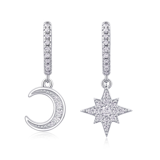 Star And Moon In Harmony - Earrings Set With Top-quality Moissanite S925, Silver And Platinum-plated Stud Earrings, A Fashionable And Trendy Accessory That Can Be Tested With A Diamond Pen.