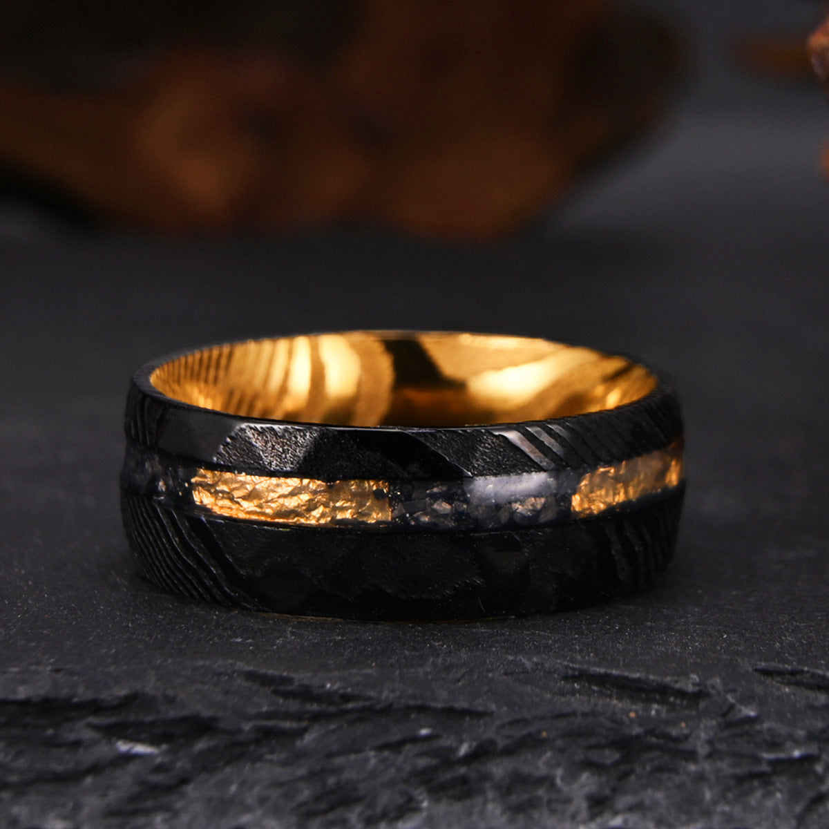 8mm Electroplated Two-color Damascus Steel Ring For Men