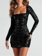 Sexy Backless Sequins Dress Fashion Slim Square Neck Long Sleeves Dresses Women Clothing