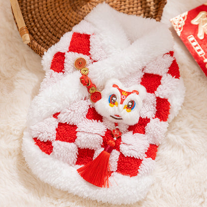 Chinese New Year Checkered Pet Coat With Lion Dance & Fortune Details, Plush Festive Dog Jacket For Lunar New Year