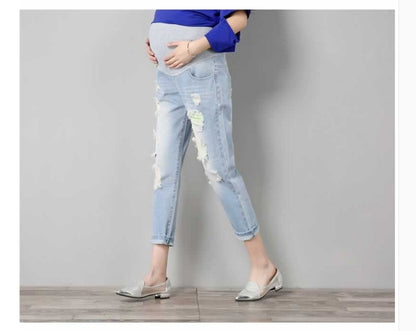 Fashion maternity pants summer tide hole jeans seven points loose thin tight stretch