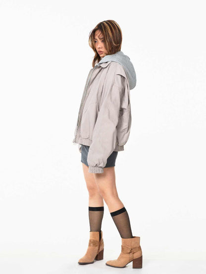 Fake Two Pieces Hooded Workwear Coats Female Cropped Jacket