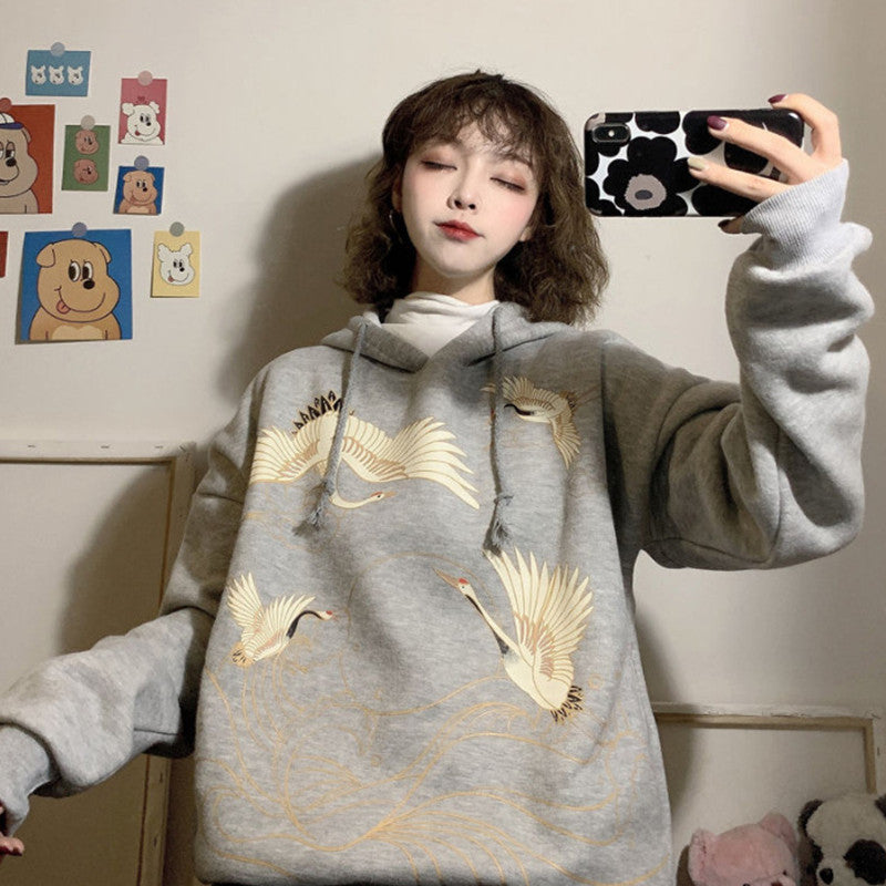 Retro Crane Print Loose Hooded Plus Velvet Sweater Women Plus Size Coat