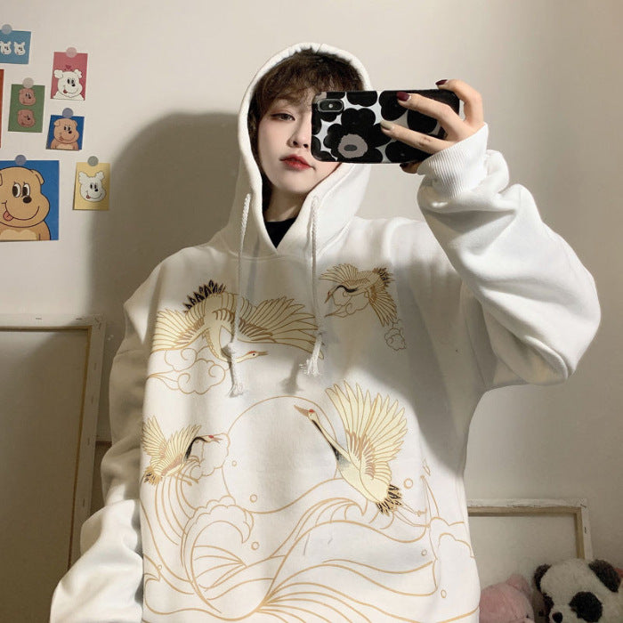 Retro Crane Print Loose Hooded Plus Velvet Sweater Women Plus Size Coat