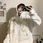 Retro Crane Print Loose Hooded Plus Velvet Sweater Women Plus Size Coat