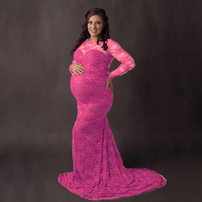 Women's Lace Maternity Round Neck Collar Trailing Long Dress