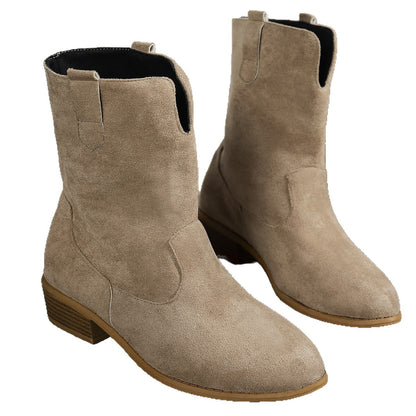 Womens Vintage Round-toe Flat Matte Leather Boots