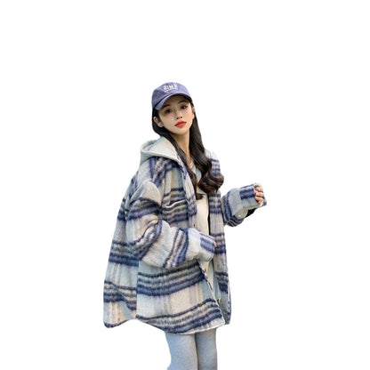 Plaid Hooded Woolen Coat Women