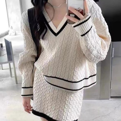 Autumn Winter Retro Contrast Color Hemp Pattern Sweater Skirt Two-piece Set For Women