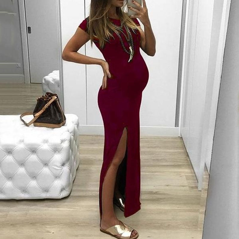 Retro Literary Women's Round Neck Short Sleeved Slit Maternity Comfortable Dress