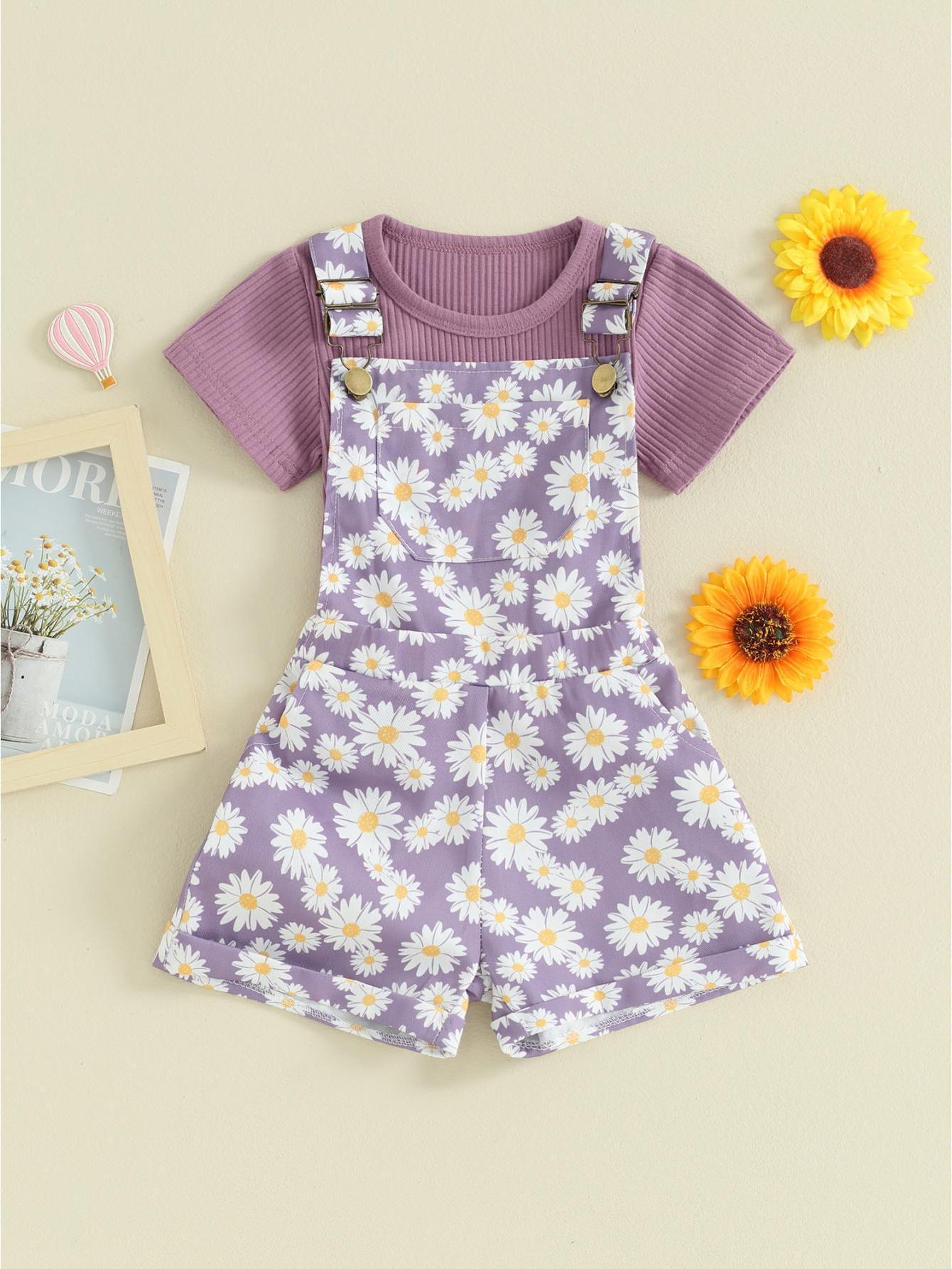 Toddler Girl Shorts Outfit Solid Color Ribbed Short Sleeve