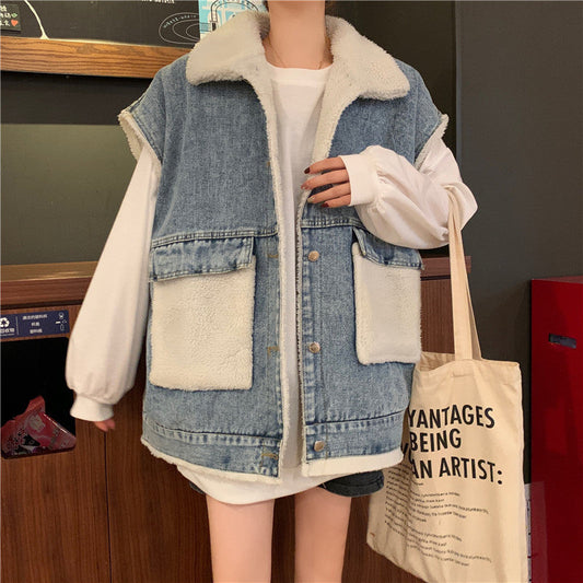 Imitation Lamb Hair Stitching Thick Loose Loose Mid-length Denim Vest Women